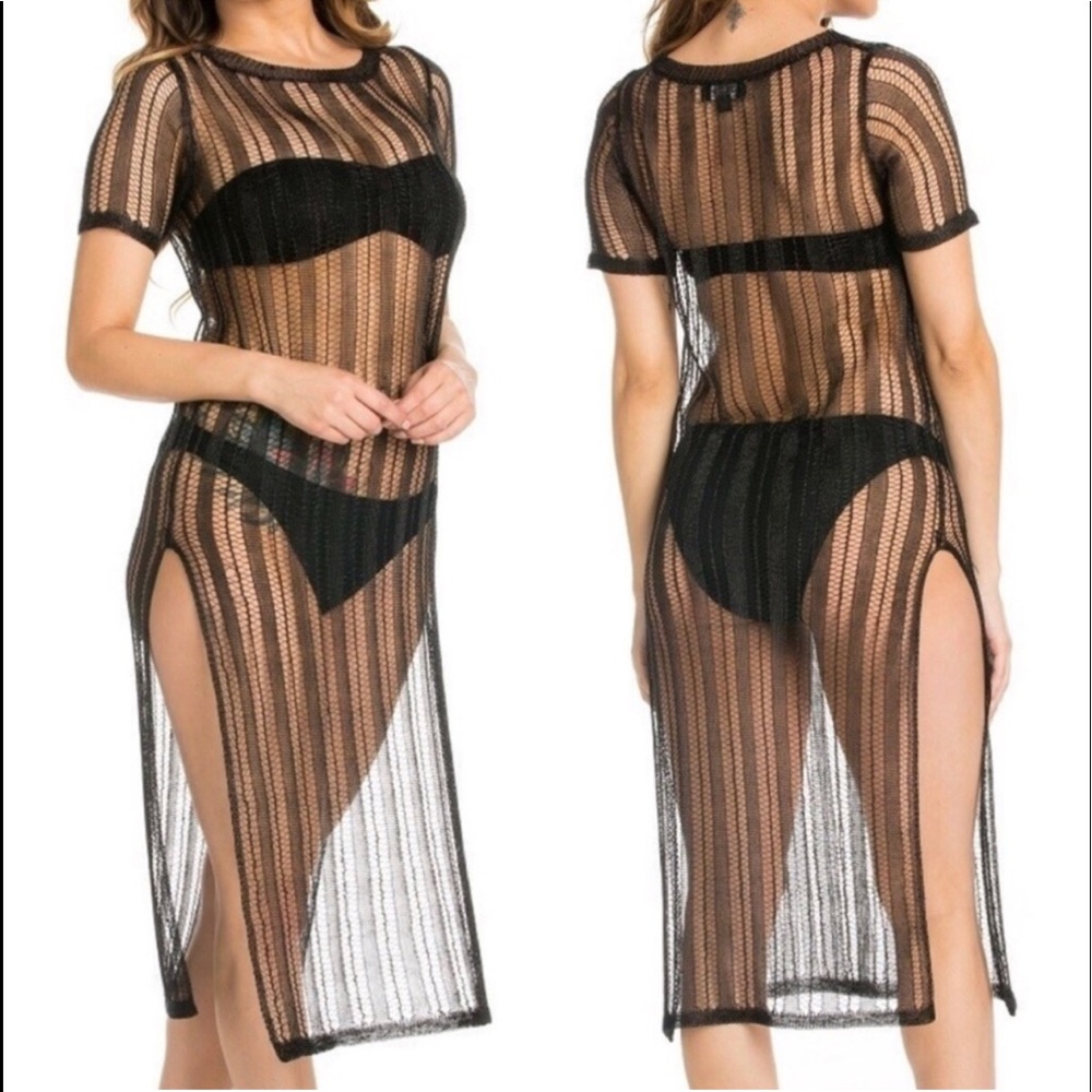 🖤 Black Metallic Tunic Slit Swim Cover-Up Top